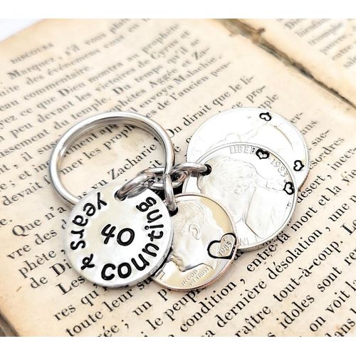 40th Anniversary 40 Years and Counting Wedding Year Quarter Nickel and Dime on Key Chain Gift for Him or Her with Personalized Options