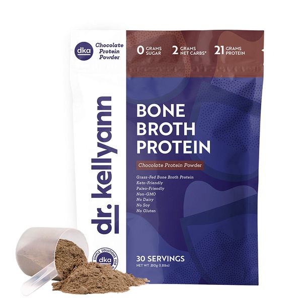 Dr. Kellyann Keto Bone Broth Protein Powder Chocolate - Protein 21g, 2g Net Carbs - Grass Fed Hydrolyzed Collagen - Sugar, Gluten and Dairy Free, Paleo, Keto Protein Shakes (30 Servings)