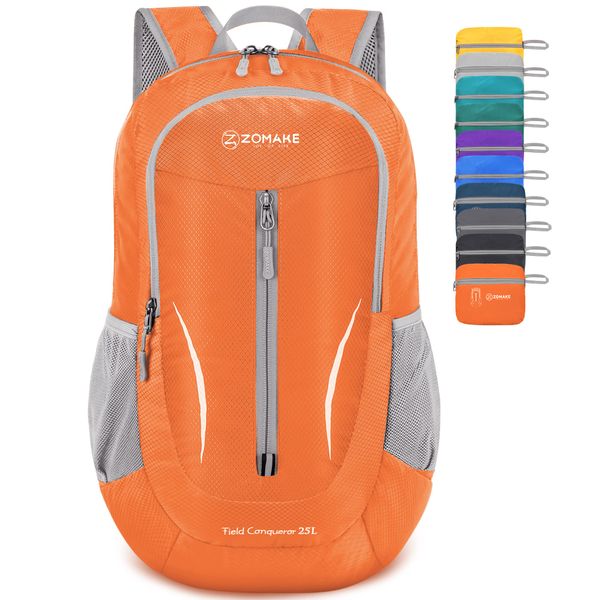 ZOMAKE Ultra Lightweight Foldable Backpack - Packable Foldable Rucksack 25L Small Packable Backpacks Travel Daypack Water Resistant For Men Women Outdoor Hiking Walking - (Orange)