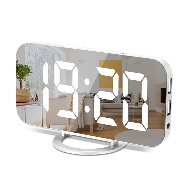 Digital Alarm Clock,6" Large LED Display with Dual USB Charger Ports | Auto Dimmer Mode | Easy Snooze Function, Modern Mirror Desk Wall Clock for Bedroom Home Office for All People (White)