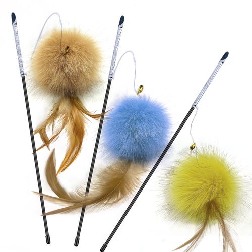 AZOFFYIU Cat Toys - Rainbow Wand, Feather Flips Plush Ball, Interactive Feather Teaser for Kitten Exercise - 3 Pack