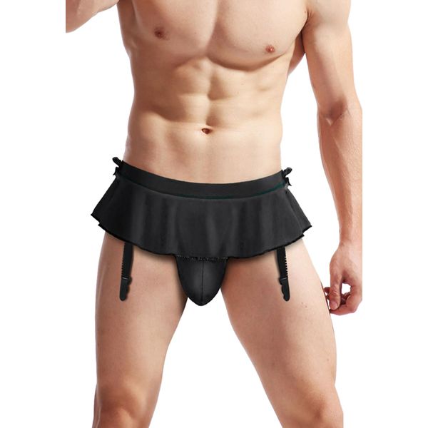 Panegy Men's Sexy Briefs Men's Underwear Frilly Sissy Thongs Sexy Suspender Mini Skirt with Panties Sexy Lingerie Bulge Pouch Bikini A- Black