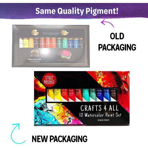 Crafts 4 ALL Watercolour Paint Set - 12 Pack of Premium Quality Watercolours for Kids, Artists, Students, and Beginners – Vibrant Paints w/ 3 Bonus Water Colour Paintbrushes