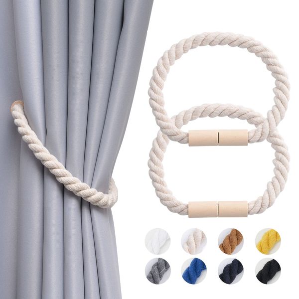 Pretty Jolly 2 Pack Wooden Magnetic Curtain Tiebacks Boho Home Decoration Drape Tie Backs Natural Cotton Handmade Rope Curtain Holdbacks for Thin or Thick Home & Office Window Drapery (Beige)