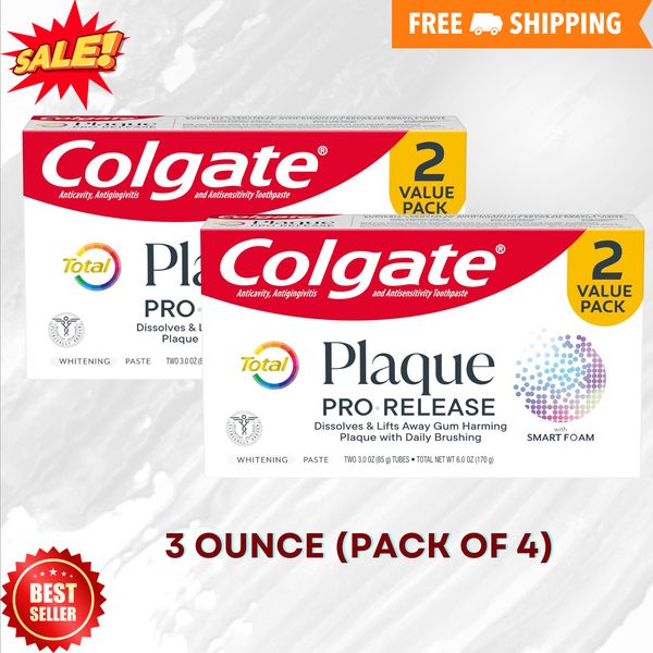 4 PACK Colgate Total Plaque Pro Release Whitening Toothpaste, 3 Oz, Sugar Free