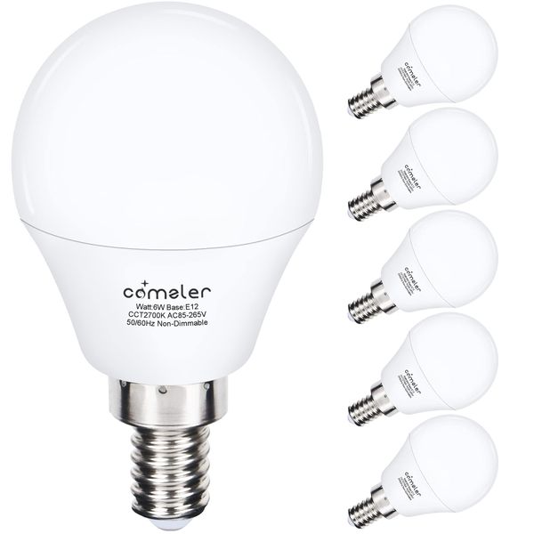 comzler A15 LED Bulbs 60W Equivalent, Warm White 2700K,E12 Small Base LED Round Light Bulb for Ceiling Fan, No Dimmable，6 Pack