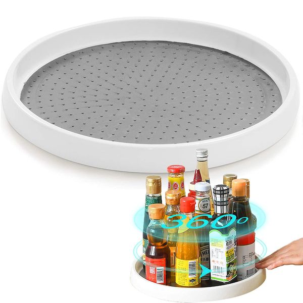 Skupro Lazy Susan Turntable Cupboard Organizer, Rotating Spice Rack for Kitchen Storage & Organisation, Non-Slip Condiment Holder, White Plastic Storage Tray Organiser for Kitchen and Pantry