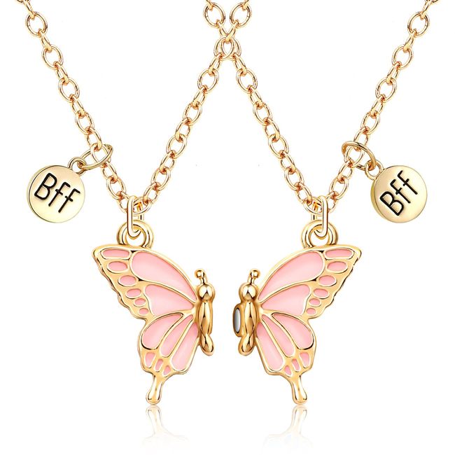 MJARTORIA Freundschaftsketten für 2 Damen Mädchen BFF Halskette Schmetterling Schmuck Anhänger Beste Freundin Kette Puzzle Best Friends Gravur Kinder (Gold Rosa)