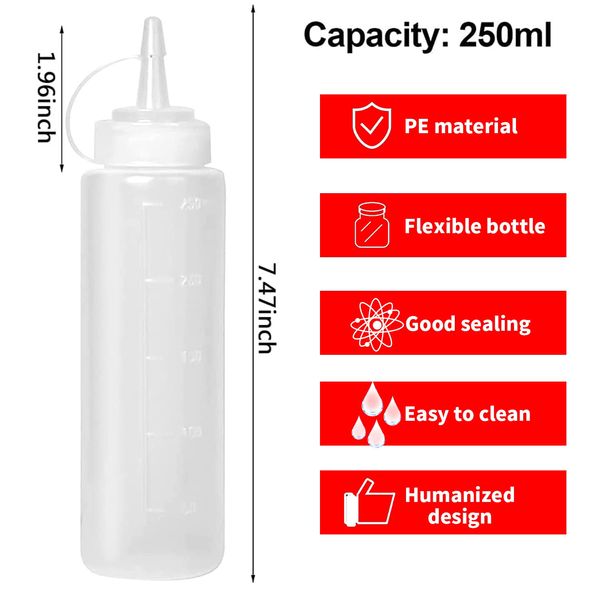 Abnaok Plastic Squeeze Condiment Bottles 2 Pcs, 8oz Food Grade BPA Free Squeezy Sauce Bottles with Cap Reusable Squeeze Containers for Condiments, Ketchup Syrup BBQ Sauce Mustard Salad Dressing