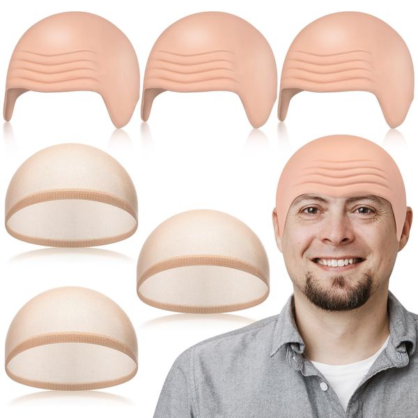 Wavwavw 6 Pcs Halloween Bald Caps Makeup Latex Bald Head Wig Cap Bald Hat Cosplay Makeup Costume Accessories for Women Men(Novel Style,Pink and Beige)