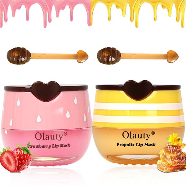 2Pcs Bee Balm Lip Balm Honey Pot, Strawberry & Honey Moisturising Lip Mask to Reduce Lip Lines, Sleeping Lip Mask with Sticks, Scrub Exfoliate Hydrate Prevent Dry & Cracked Lips Honey Lip Balm