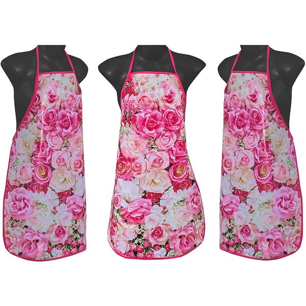 MDERL Chef Apron, Unisex Apron Waterproof Adjustable Apron for Men Women Perfect for Kitchen Cooking Restaurant Baking Gardening BBQ Coffee House, Professional PVC Apron (Pink - Pink Rose)