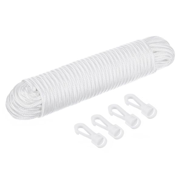 Katai Flag Pole Rope Kit - 80ft 1/4 Inch Thick Nylon White Halyard Rope for Flagpole - Complete with 4 Hook Clips