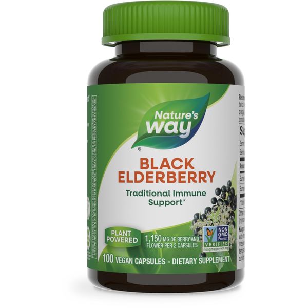 Nature's Way Black Elderberry Supplement, Traditional Immune Support*, With Elderberry and Elderflower, Plant Powered, 100 Capsules (Packaging May Vary)