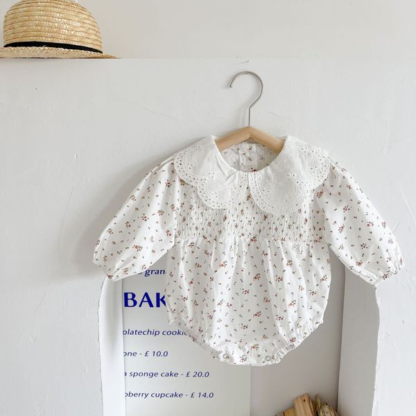 Baby Girl Floral Graphic Hollow Carved Mesh Doll Neck Long Sleeves Bodysuit - 80 (9-12M) / White