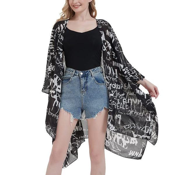 Women's Floral Print Chiffon Kimono Cardigan Loose Cover Up Casual Long Boho Sheer Cardigans