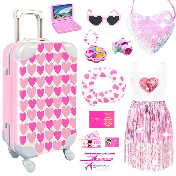 20Pcs 18 Inch Girl Doll Accessories Case Luggage Travel Play Set with Doll Clothes Cute Bag Travel Pillow Glasses Computer Pretend Makeup Toy Doll Stuff Fit 18 inch Doll Christmas Birthday Gift