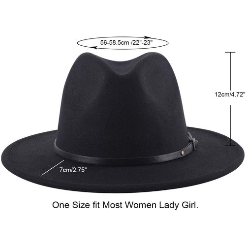 Lanzom Womens Classic Wide Brim Floppy Panama Hat Belt Buckle Wool Fedora Hat Fit Size 6 8/7-7 1/4(One Size, Black)