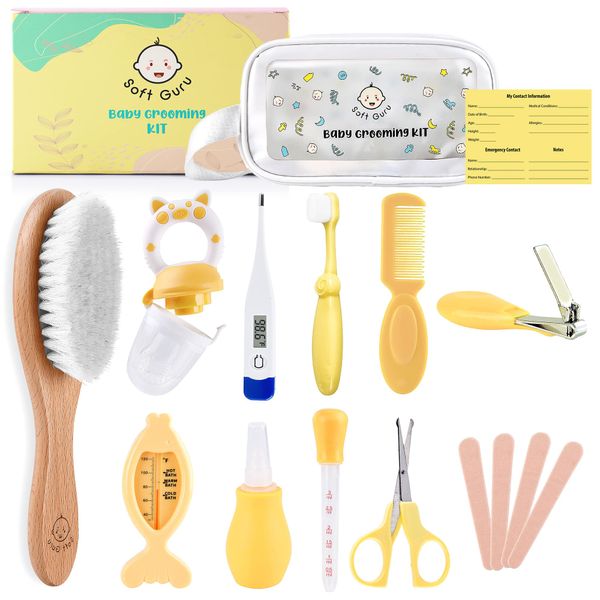 Soft Guru Baby Healthcare and Grooming Kit | Nursery Essentials for Newborns Gift Set | Includes Thermometer, Nail Clippers, Soft Brush & Baby Shower Basket Registry Items.