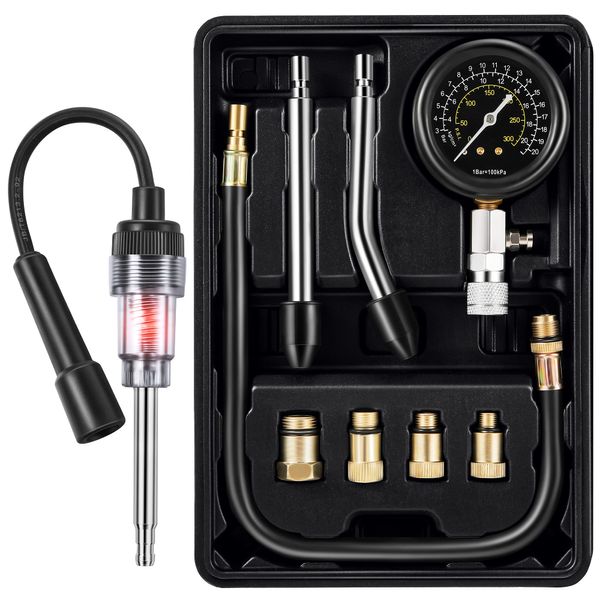 9 Pieces Automotive Compression Tester Kit and Spark Plug Tester, Universal Car and Motorcycle Engine Testing Tools for Cylinder Pressure Gauge (Black)