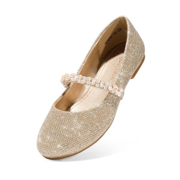 DREAM PAIRS Girls Dress Shoes - Mary Jane Casual Slip On Ballerina Flat, Gold/Glitter - 1 Little Kid (Serena-100-inf)