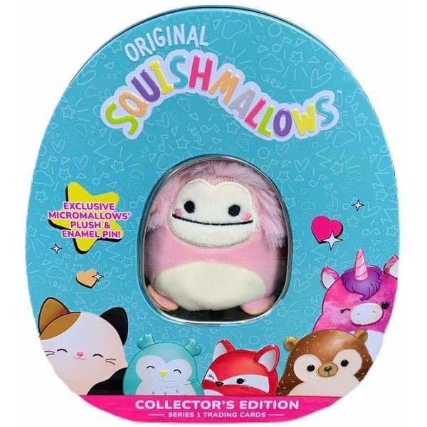 Squishmallow Official Kellytoy Collector's Tin Set with Micromallow Exclusive Pin and Trading Cads Choose Your Favorite or Collect Them All (Brina The Bigfoot)