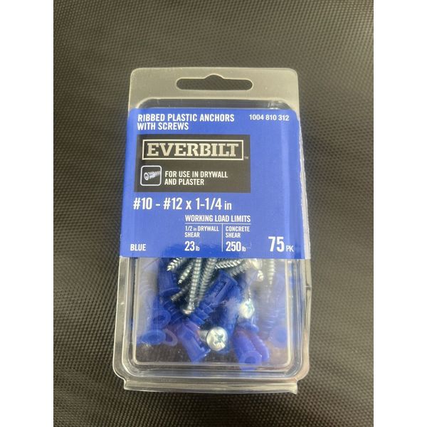 75 Everbilt #10-12 x 1-1/4” Bluet Drywall Plaster Plastic Ribbed Screw Anchor DB