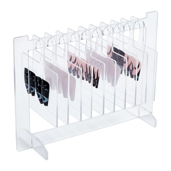 DELORIGIN Acrylic Nail Art Display Boards, Transparent Nail Sample Display Stand with 10pcs Hangers Nail Art Display Rack False Nail Organizer for Women Selling Professional Salon Showing