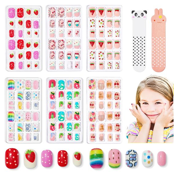 Modelones 144Pcs 6 Pack Press on Nails for Kids Children Acrylic Fake Nails Pre-glue Full Cover Glitter Gradient Color Ice-Cream Fruit Short False Nail Art Kits Sets Gifts for Kids Girls