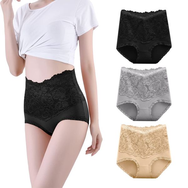 FEISEDY A8078 95% Pure Cotton, Lace High Waisted Panties, Set of 3, Sexy Seamless, Style-Up, Shapewear for Hip Lifting, Tummy Control, Panties, Breathable, Stretchy, Antibacterial, Women’s Beautiful