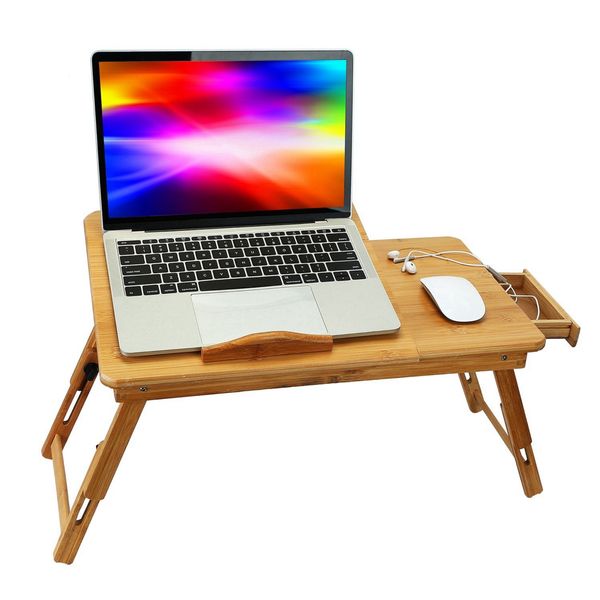 Bamboo Lap Desk with Foldable Leg and Adjustable Tilt Surface - Multi-Position, with Side Storage Drawer - for Work, Study - Specifications: Laptop Desk, Breakfast Serving, Bed Tray - Wood