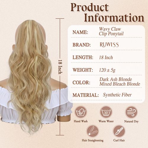 RUWISS Ponytail Hairpiece with Clip, 45 cm Wavy Claw Clip-In Ponytail Hair Extensions Long Synthetic Curly Ponytail Extension for Women, Dark Ash Blonde Mixed Bleach Blonde