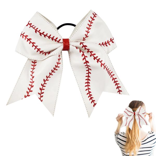 Leather Baseball Hair Bows 7 inch,Baseball Cheer Hair Bows for Girls,Elastics Hair Ties Bands Ponytail Holder Ribbon Accessories,Sports Baseball Gifts for Girls,Baseball Hair Accessories for Girls