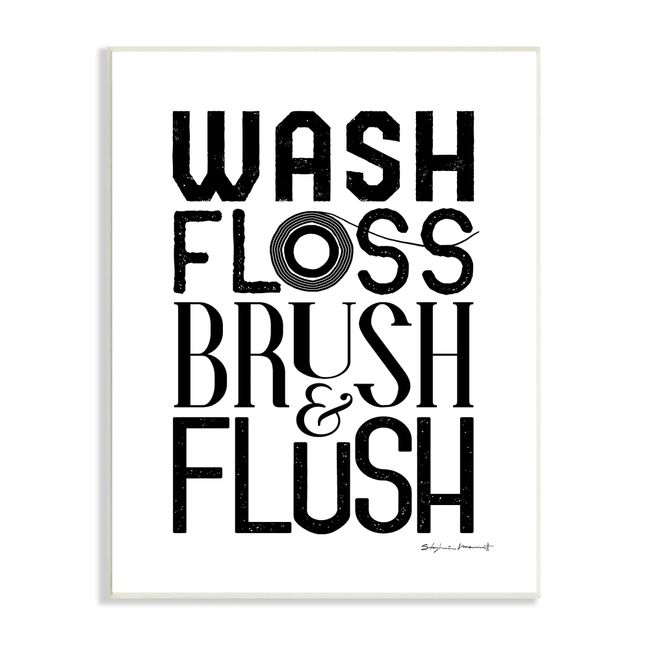 Stupell Industries Bathroom Terms Wash Floss Brush Flush Minimal Text, Designed by Stephanie Workman Marrott Wall Plaque, 13 x 19, Black