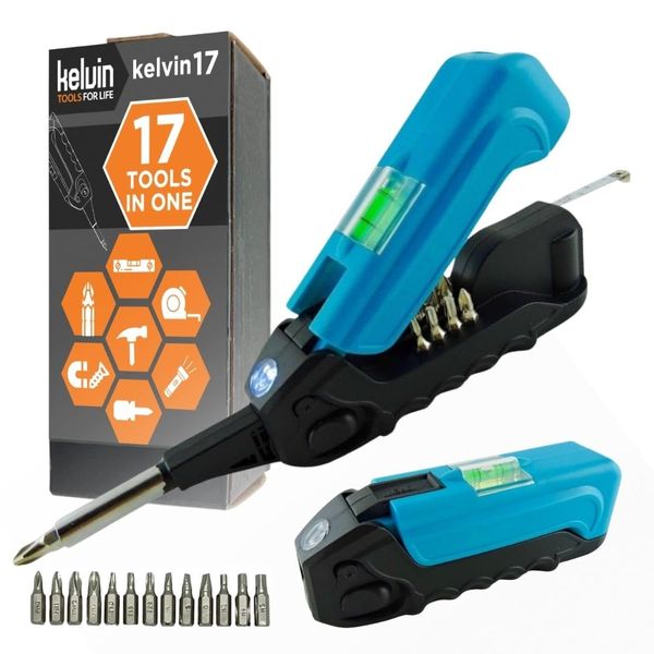 Kelvin Tools - Kelvin 17 Urban Screwdriver Set, All in One Everyday Multitool Screwdriver, Multi-Tip, Compact & Universal Precision, 13 Bit Set with Tape Measure, Liquid Level, Hammer and Flashlight