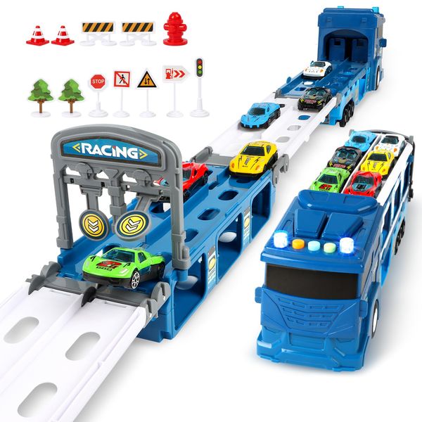 ITEFDTUTNE Carrier Truck Race Car Track Set for Toddlers Toys, 4 FT Race Track and 6 Die-Cast Toy Cars, Truck Toy with Lights & Sounds Xmas Gifts for 3 4 5 6 7 8 Years Old Kids Boys Girls (Blue)