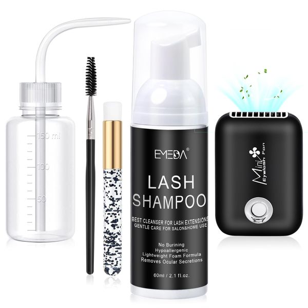 EMEDA Lash Shampoo Kit Cleaning Bath - Lash Cleanser for Extensions, USB Mini Portable Fan Brush Wash Bottle, Oil Free Lash Foam Safe for Natural Lashes Eyelash Shampoo for Lash Extensions