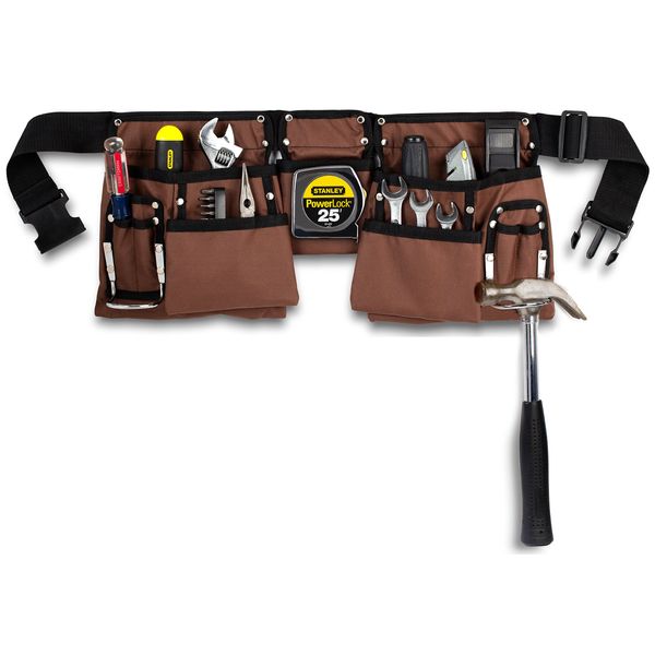 11 Pocket Brown and Black Heavy Duty Construction Tool Belt, Work Apron, Tool Pouch, with Poly Web Belt Quick Release Buckle - Adjusts from 33” Inches All the Way to 50” Inches