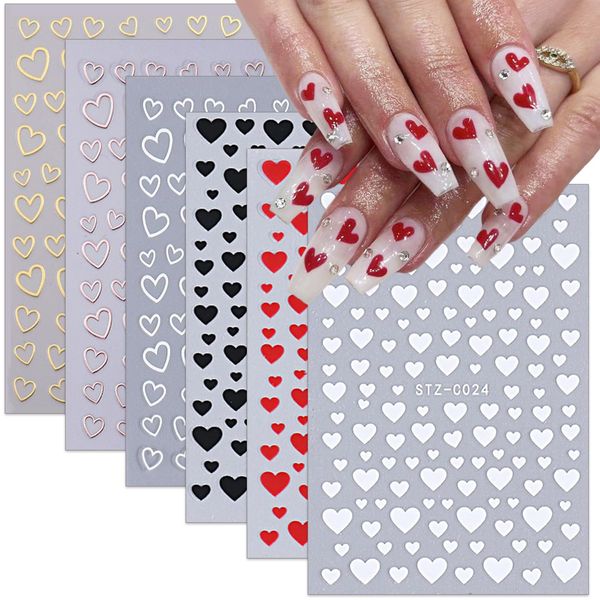 6 Sheets Valentine's Day Nail Stickers 3D Heart Nail Art Stickers Decals Black White Red Gold Silver Heart Nail Design Nail Decals Valentines Nail Supplies for Women Acrylic Nail Decoration DIY