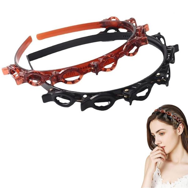 SSyang 2 Stück Haarreifen mit Klammern, Haarband Mit Twist Clip Frisurenhilfe Haarband Mit Clips, Twist Clip Stirnband Mädchen Haarschmuck Doppelter Haarreifen (Schwarz + Braun)