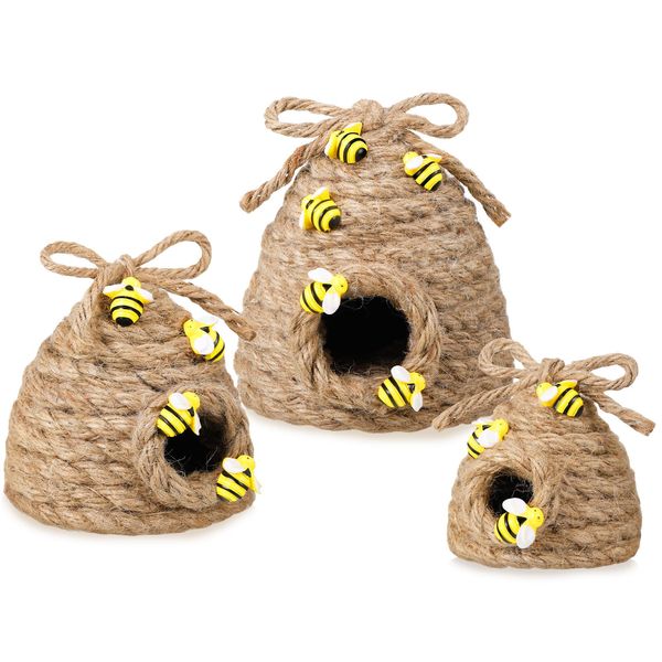 3 Pieces Bee Hive Decor Honey Bee Tiered Tray Decor Summer Spring Bee Decorations Mini Jute Beehive Farmhouse Kitchen Decor for Table Shelf Sitter Home Coffee Bar Themed Party (Simple)