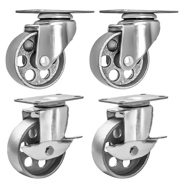 4 All Steel Swivel Plate Caster Wheels Lock Heavy Duty Gray 3" Combo