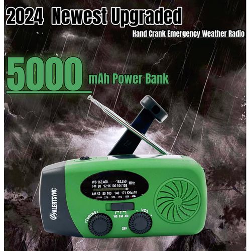 5000mAh Hand Crank Emergency Weather Radio, AM FM NOAA Solar Radio with Led Flashlight and Earphone Jack, Charger for Smartphone, USB-C Cable/Self Powered with SOS Alarm (Green)