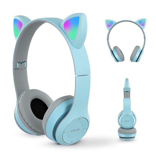 Cliplanyard Kids Wireless Headphones with Cat Ears, Foldable Wireless Headphone LED Light Up, Over Ear Headsets for Boys Girls Adults with Stereo Sound FM Radio TF Card (Blue White)