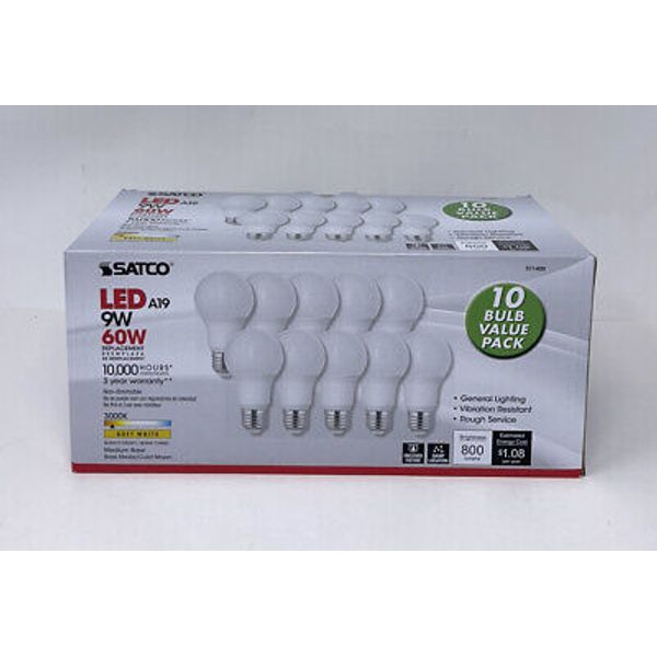 SATCO A19 LED Light Bulbs 9W (60W Replacement) 10 PACK 3000 K Soft White S11400