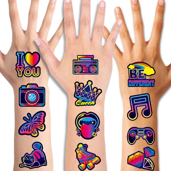 Qpout 96PCS Neon Temporary Tattoos for Kids Adults Cute and Fashion Neon Sign Gradient False Glow Tattoo Stickers for Neon Theme Birthday Party Decorations Supplies Favors Decor