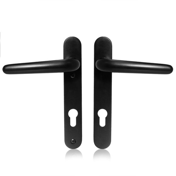 XFORT Uros Matt Black Door Handle (PZ 92mm, 122mm Screw Hole Distance, 209mm Overall) Aluminium Short Backplate, UPVC Front Door Handle