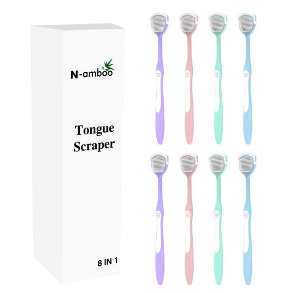 N-amboo Tongue Scraper Tongue Cleaner Tongue Brush Two Sides Four Colors 8 Pieces