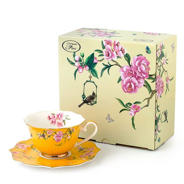 Eplze Pink Peony Flowers Pattern Ceramic Tea Cup with Saucer, Bone China Teacup for Afternoon Tea or Home Décor- Yellow (Cup and Saucer Set)