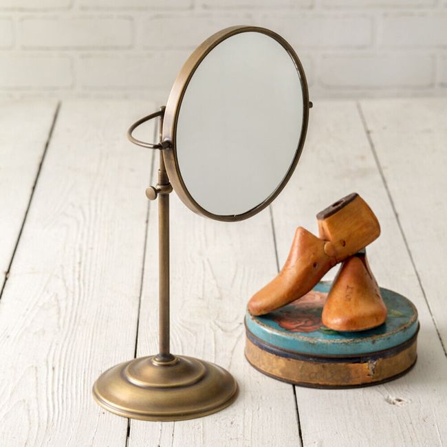 Antique Brass Adjustable Round Base Table Mirror 15" High - Vintage style Vanity